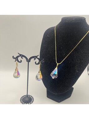 Vintage AB Crystal Teardrop Pendant Necklace Earrings Set Gold-Tone 24" Japan